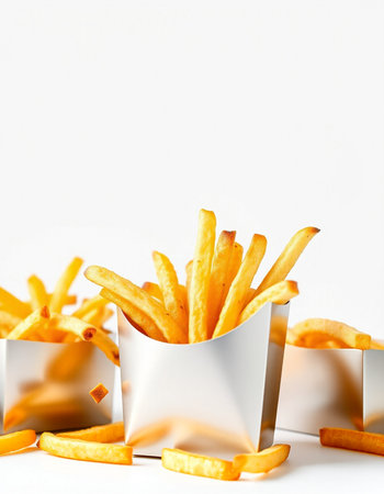 French fries in a paper box on a white background. Copy space.の写真素材