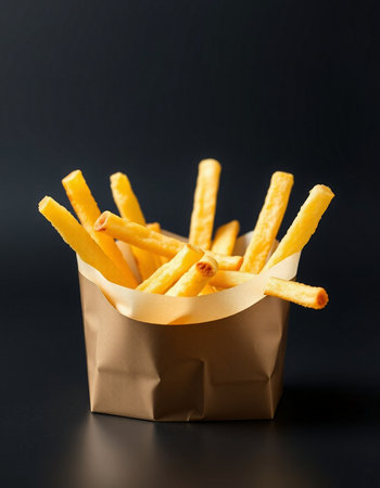 French fries in a paper bag on a black background. Selective focus.