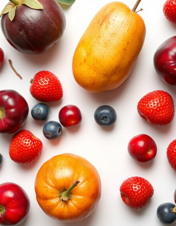 Composition with different fruits on white background, top view. Flat layの写真素材