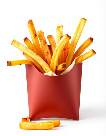 French fries in a red box on a white background. Isolated