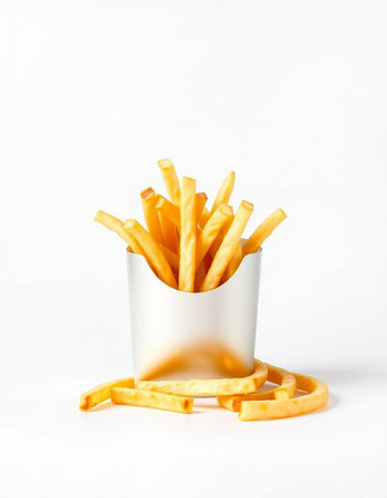 Golden French fries in a white paper box on a white background.の写真素材