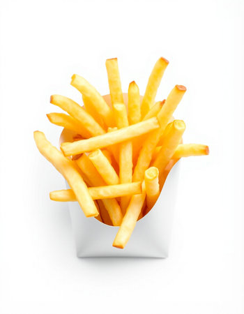French fries in a white box isolated on white background, top view