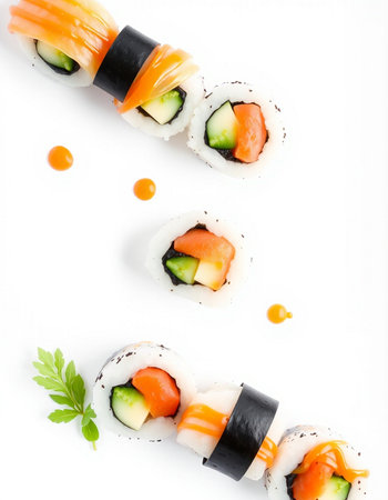 Sushi roll with salmon, avocado, cucumber and cream cheese isolated on white backgroundの写真素材