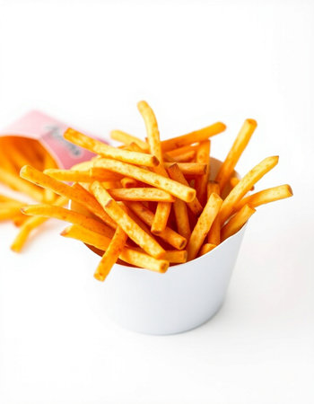 Potato sticks in a paper cup on a white background. Selective focus.