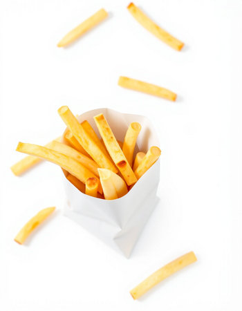 French fries in a paper box on a white background, top view