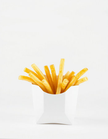 French fries in a white box on a white background with space for textの写真素材