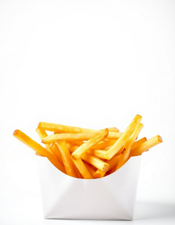 French fries in a white box on a white background. Selective focus.