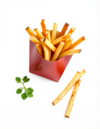 French fries in a red box isolated on white background with parsleyの写真素材