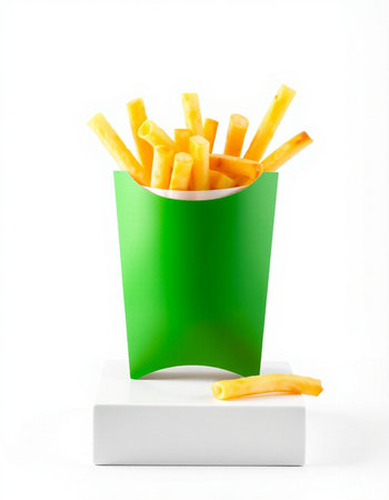 French fries in a green paper box isolated on a white background.