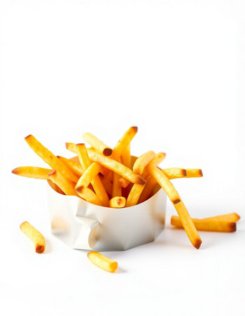 French fries in paper box isolated on white background. Selective focus.