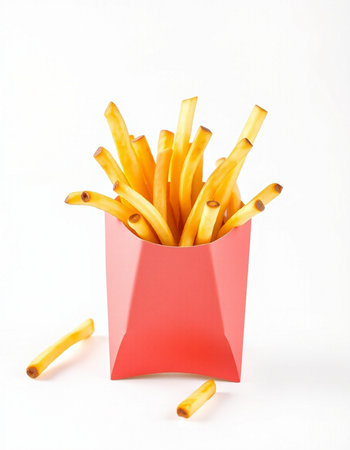 French fries in a red box on a white background. Isolatedの写真素材
