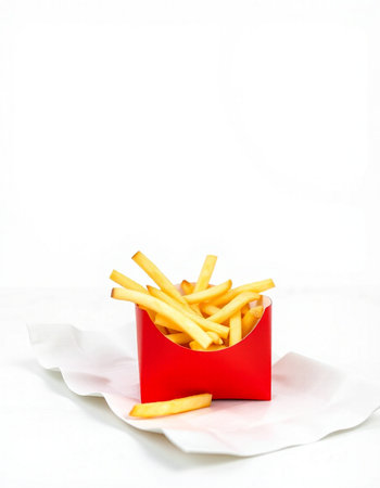 French fries in a red box on a white background. Selective focus.の写真素材