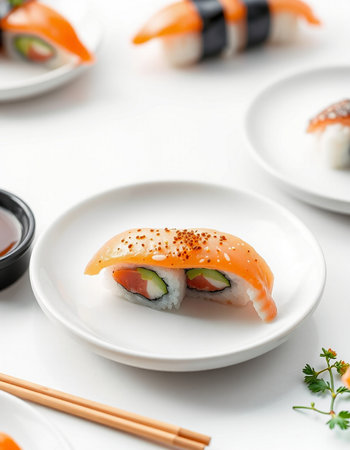 Sushi Rolls with Salmon, Cream Cheese and Raw Salmon inside. Sushi Set on White Backgroundの写真素材