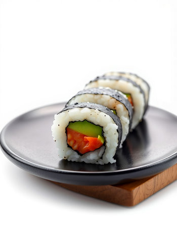Sushi roll on black plate isolated on white background. Japanese foodの写真素材