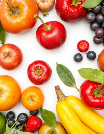 Fruits and vegetables isolated on white background. Flat lay, top view