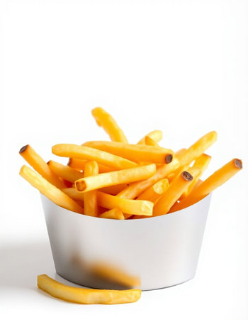 French fries in a bowl on a white background. Selective focus.