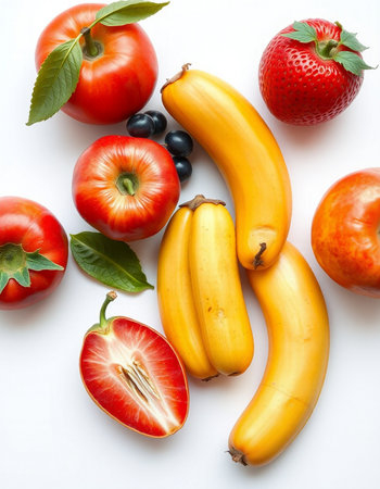 Fresh fruits and vegetables isolated on white background. Flat lay, top viewの写真素材