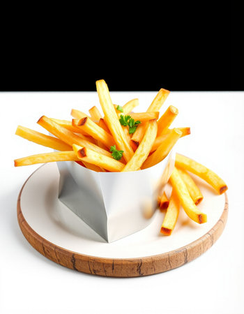French fries in a white bowl on a white table with black background