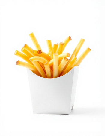 French fries in a white box on a white background. Isolated