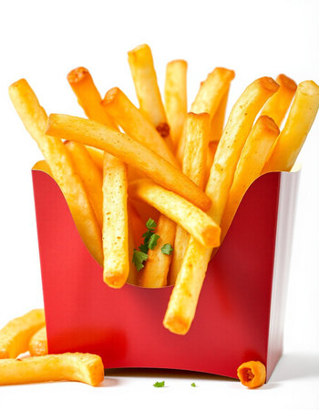 French fries in a red box on a white background. Fast food.
