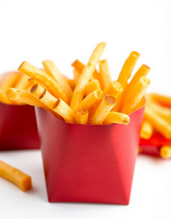 French fries in a red box on a white background. Selective focusの写真素材