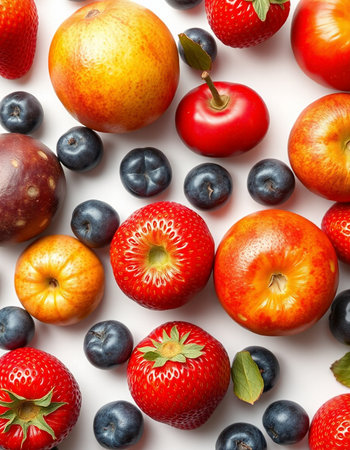 Fruit and berry background, top view, flat lay.の写真素材