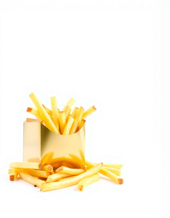 Golden French fries in a paper bag isolated on a white background.の写真素材