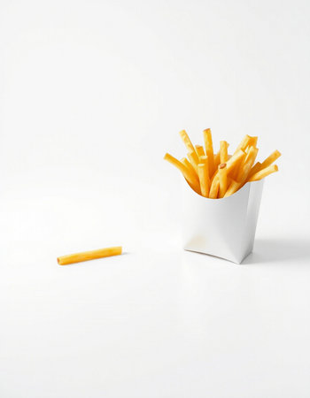 French fries in a white box on a white background. Fast food.の写真素材