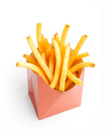 French fries in a box isolated on white background. Fast food.