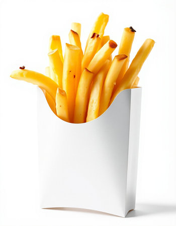 French fries in a white box on a white background. Isolated