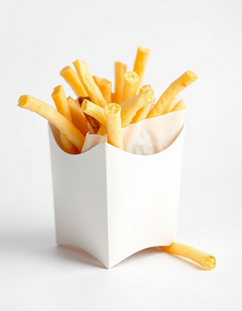 French fries in paper box on white background. Fast food concept.
