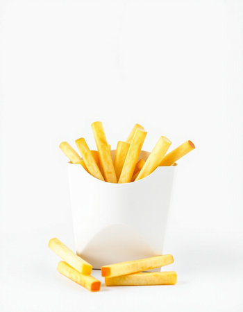 French fries in a white paper cup on a white background, isolated
