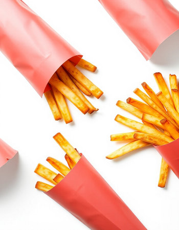 French fries in red paper wrapper on white background. Top view.の写真素材