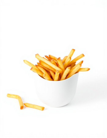 French fries in white bowl isolated on white background. Fast food.