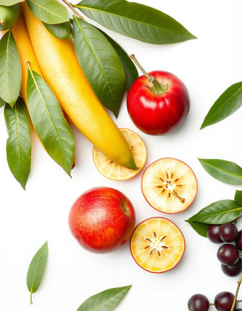 Fresh fruits with leaves on white background, top view. Healthy foodの写真素材