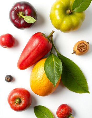 Fruits and vegetables isolated on white background. Flat lay, top view.の写真素材