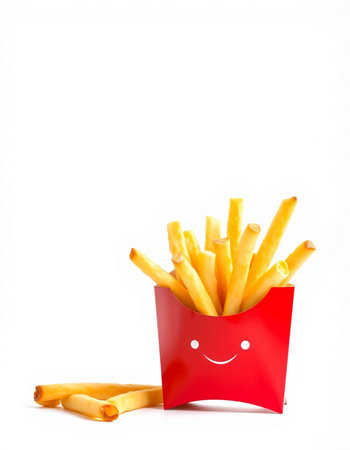 French fries in a red box isolated on white background with copy spaceの写真素材