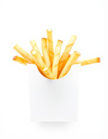 French fries in paper box isolated on white background. Studio shot.