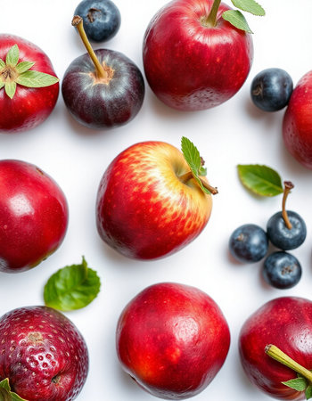 Red apples and blueberries on a white background. Flat lay, top viewの写真素材