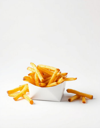 French fries in a white bowl on a white background. Selective focus.