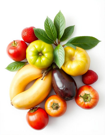 Fruits and vegetables isolated on a white background. Top view.