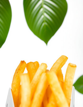 French fries in a white box with green leaves on a white background