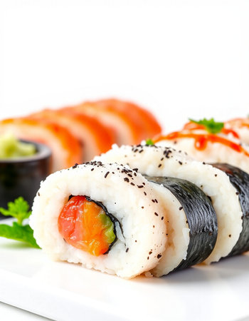 Sushi roll with salmon, nori and cucumber on white backgroundの写真素材