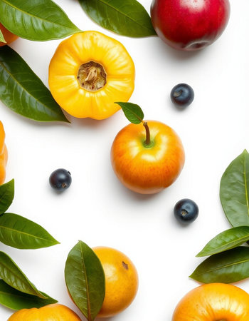 Flat lay composition with ripe fruits and leaves on white background, top view
