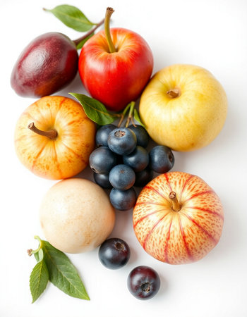 Fruits isolated on a white background. Apples, plums, apples, grapesの写真素材
