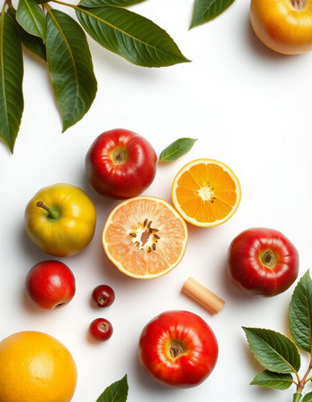 Fruits and leaves on white background. Flat lay, top view
