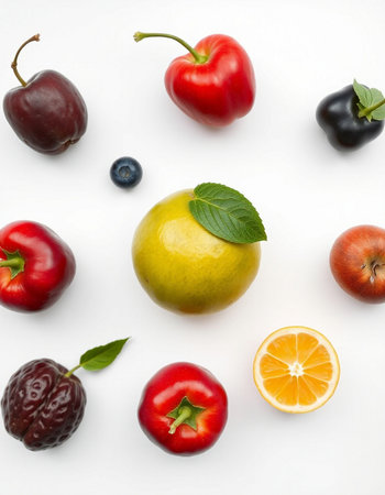 Fruits and vegetables on a white background. Flat lay, top viewの写真素材