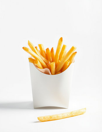 French fries in paper box on white background. Fast food concept.