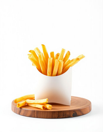 French fries in a white box on a wooden board on a white background
