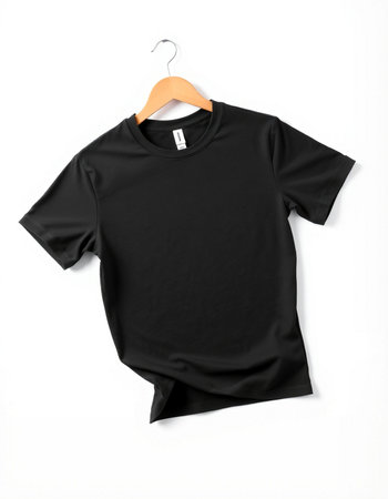 Black t-shirt on a hanger isolated on a white backgroundの写真素材